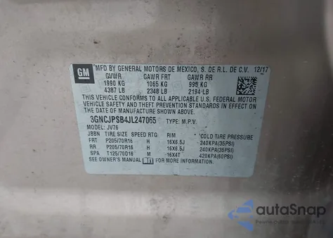 2018 Chevrolet Trax Lt из США, поврежденный, VIN 3GNCJPSB4JL247065